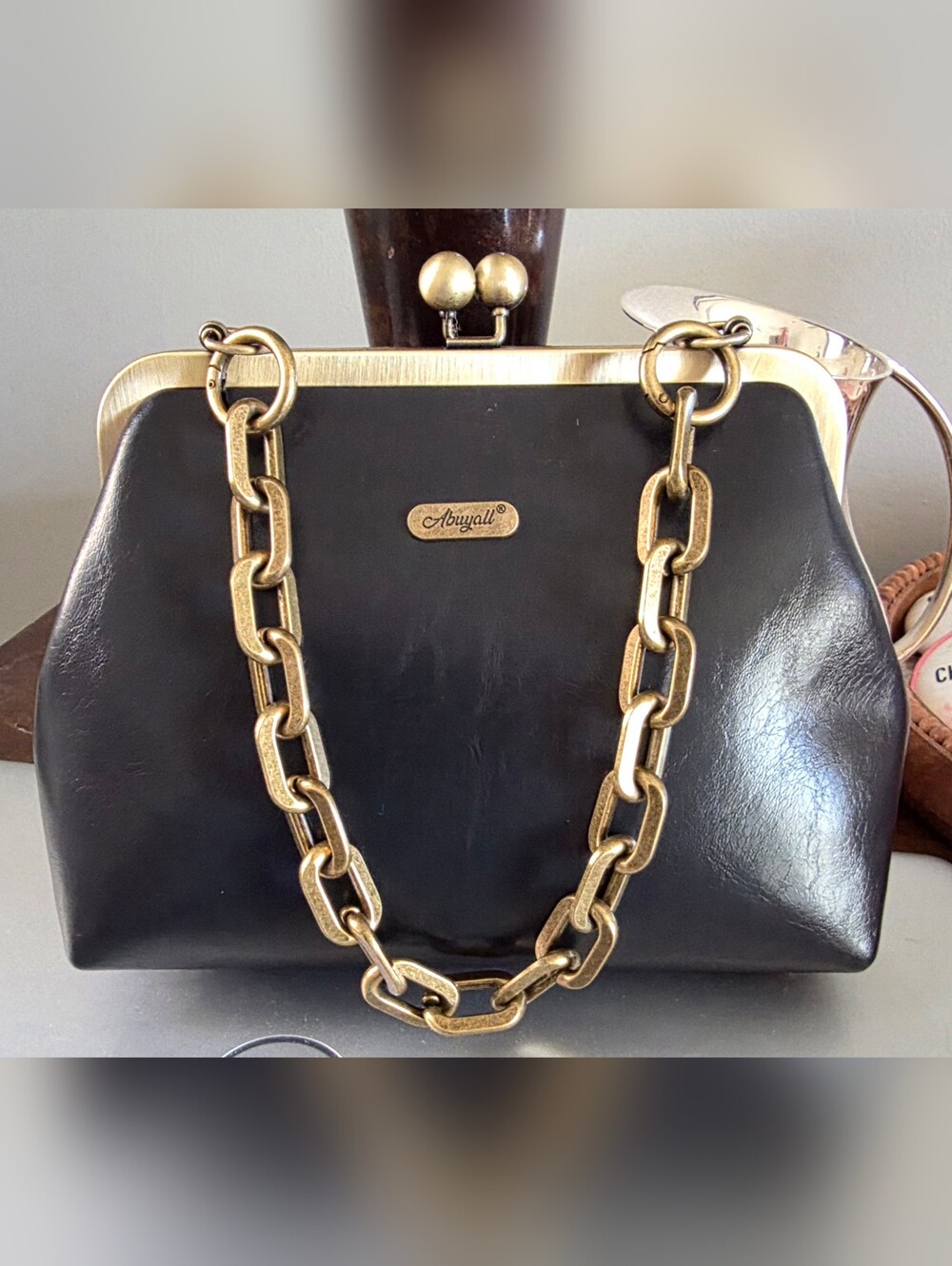 ABUYALL Black Vintage-Inspired Kisslock Frame Clutch Handbag